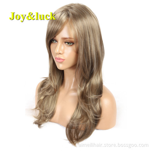 Wholesale Price Long Blonde Mix Brown Color Party Natural Wave Wigs for Women With Bangs Cosplay Wig Style Synthetic Hair Wigs